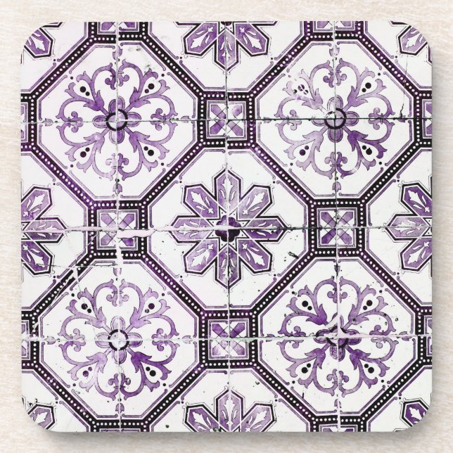 Porta-copo Azulejo de colheita roxo e branco (Frente)