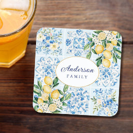 Porta-copo Azulejo Italiano Azul Aquarela Personalizado Limão
