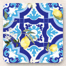 Azulejos mediterrânicos, azulejos azuis, limão,
