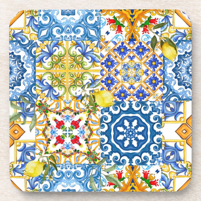 Porta-copo Azulejos mediterrânicos, majolica, estilo Sicilian (Frente)
