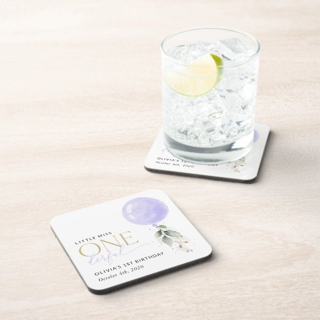 Porta-copo Balão Roxo, Verde, Folhagem, Primeiro Aniversário (Lado Direito)