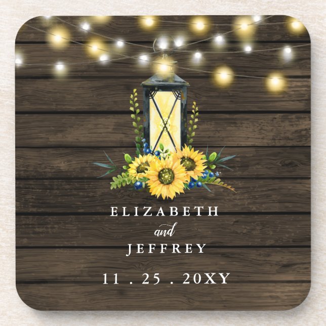 Porta-copo Barn Wood String Luzes Sunflower Casamento (Frente)