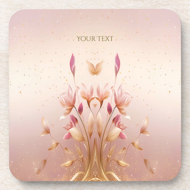 Porta-copo Bases de plástico floral com folhas douradas rosad (Frente)