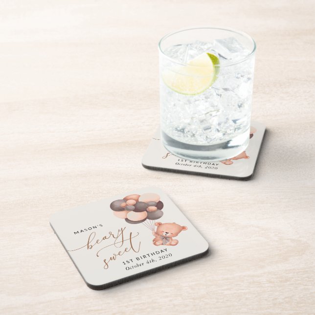 Porta-copo Bebê Urso, Balões Marrons, Primeiro Aniversário (Lado Direito)