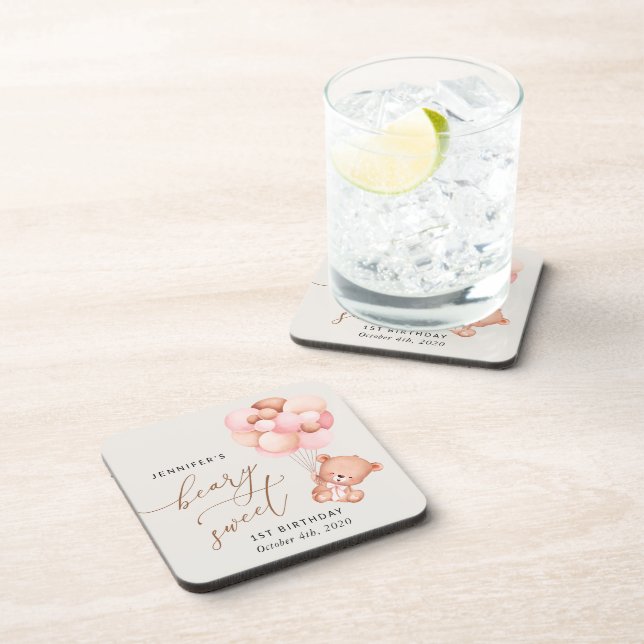 Porta-copo Bebê Urso, Balões Rosa, Primeiro Aniversário (Lado Direito)