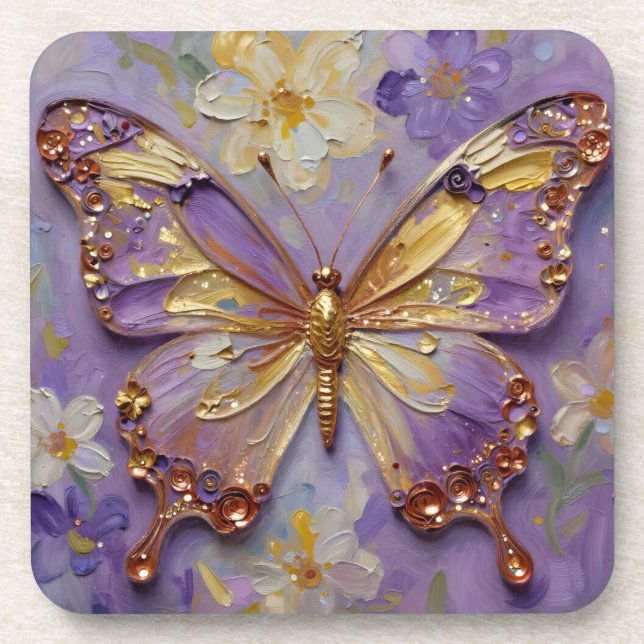 Porta-copo Bela Borboleta Roxa e Flores (Frente)