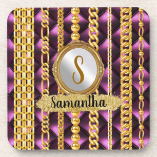 Porta-copo Bela Veludo Roxo Dourado Monograma Chic Elegante