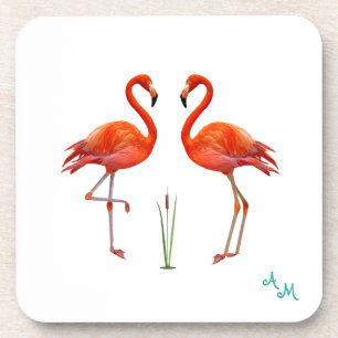 Porta-copo Belo pássaro flamingo rosa e monograma em branco