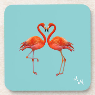 Porta-copo Belos Flamingos Rosa & Monograma em Azul Claro