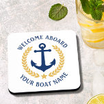 Porta-copo Bem-vindo a bordo Nome do Barco Anchor Dourado Lau<br><div class="desc">Um conjunto elegante de caldeiras de cortiça náutica com temas temidos, com embarque bem-vindo e seu nome de barco personalizado, nome de família ou outro texto desejado. Possui uma âncora de barco personalizada, com folhas de ouro estilo laurel e uma estrela em branco ou personalize facilmente a cor base para...</div>