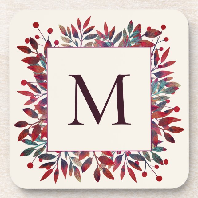 Porta-copo Berries Borgonha e outono deixam monograma (Frente)