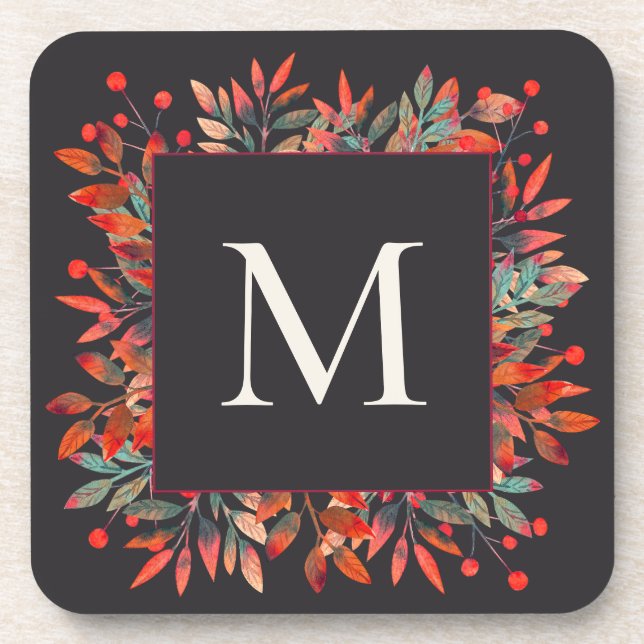 Porta-copo Berries vermelhos e monograma de folhas verdes (Frente)