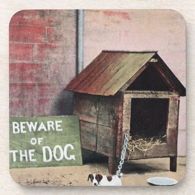 Porta-copo Beware do sinal do cão com cão pequeno (Frente)