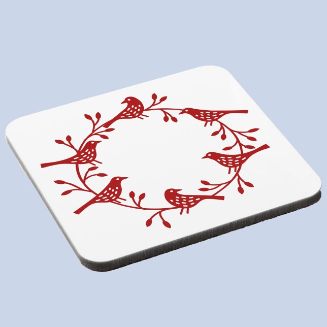 Porta-copo Bird Wreath Modern Scandi (Red and white Scandinavian bird wreath festive coaster)