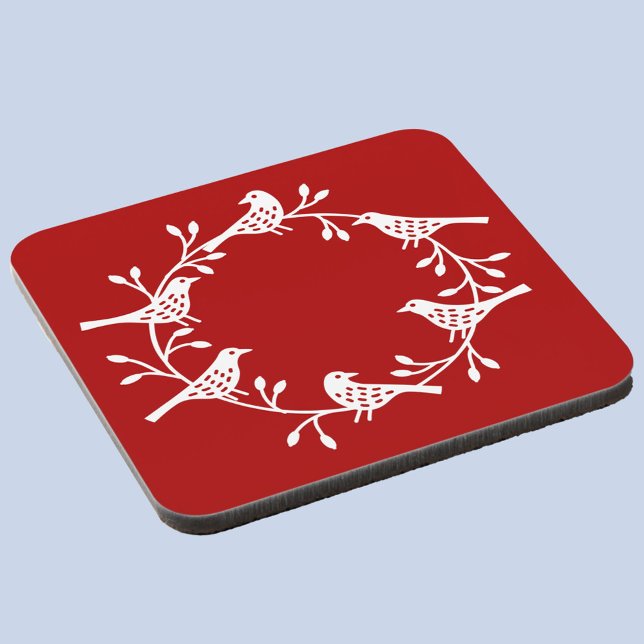Porta-copo Bird Wreath Moderna Escandinávia (Red and white Scandinavian bird wreath festive coaster)