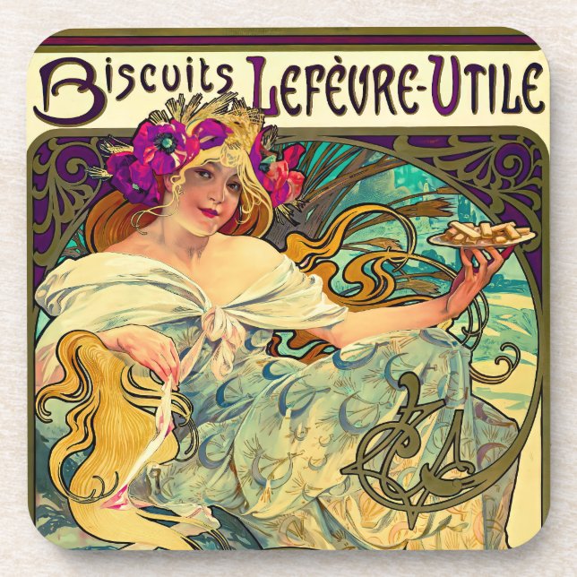 Porta-copo Biscoitos Lefevre-Utile por Alphonse Mucha (1896) (Frente)