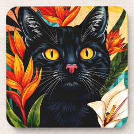 Porta-copo Black Cat Surrounded With Flowers