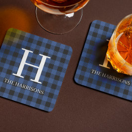 Porta-copo Blue Black Buffalo Plaid Monogram Holiday