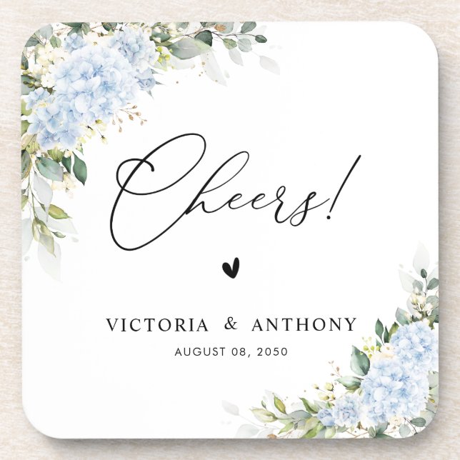 Porta-copo Blue Hydrange Floral Wedding Cheers Coaster Quadra (Frente)