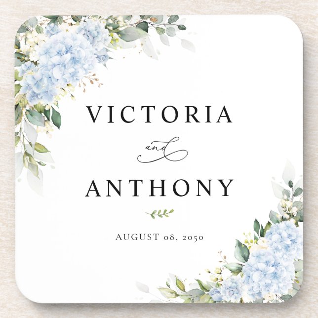 Porta-copo Blue Hydrangea Floral Quadrado Wedding Coaster (Frente)