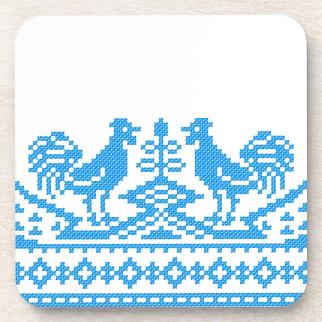 Porta-copo Blue Rooster cross-stitch (Frente)