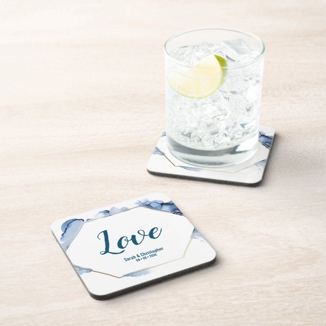 Porta-copo Blue Watercolor gold frame Casamento (Lado Direito)