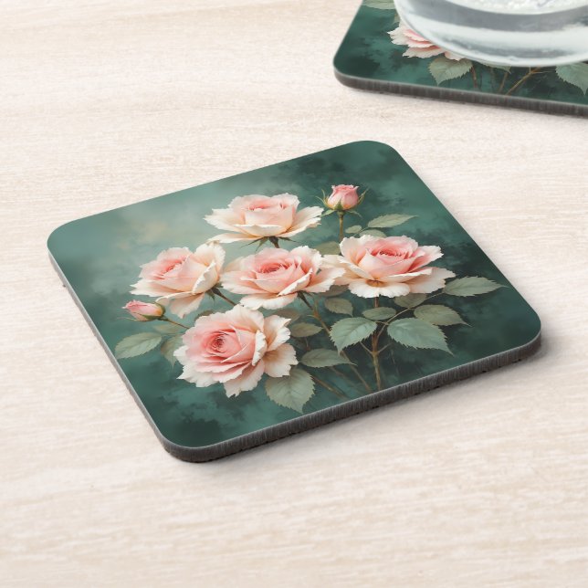 Porta-copo Blush Rose Elegance on Deep Jade (Left Side)
