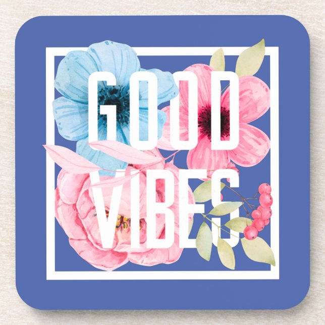 Porta-copo Boas vibrações cor-de-água azul rosa - Floral (Frente)