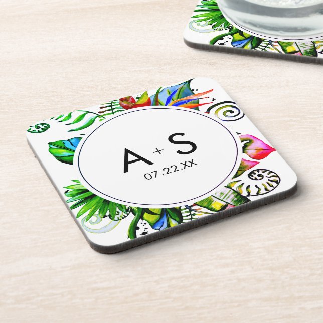 Porta-copo Bold Tropical Palm Leaf Wreath Casamento Monograma (Left Side)