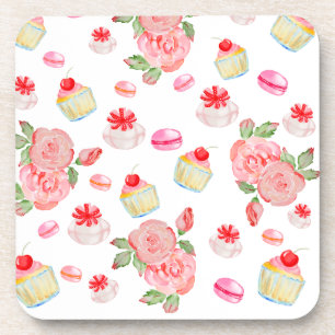 Porta-copo Bolos doces e rosas de aquarela