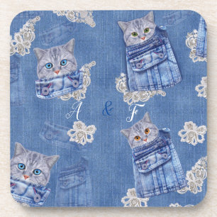 Porta-copo Bolsos de jeans de ganga,Gatos e Renda