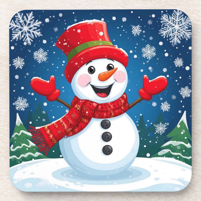 Porta-copo Boneco de Neve Alegre com Cachecol e Chapéu Vermel (Frente)