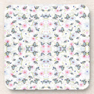 Porta-copo Borboleta Azul e Floral Rosa em Aquarela Vintage