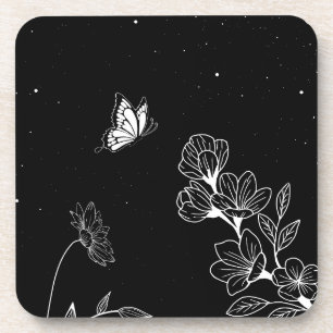 Porta-copo Borboleta Preta e Branca e Flores à Noite Arte
