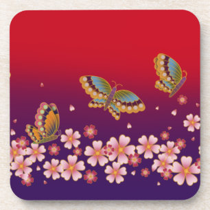 Porta-copo Borboletas Japonesas Em Sakura Brilha Vermelho