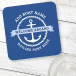 Porta-copo Borda de corda de ancora Nome de barco bem-vindo a<br><div class="desc">Porta copos com uma âncora náutica branca rodeada por uma borda de corda sobre um fundo azul escuro. Na âncora há um banner azul claro com texto personalizável "bem-vindo a bordo". Adicione o nome do seu barco e o porto de cabeleireiro.</div>
