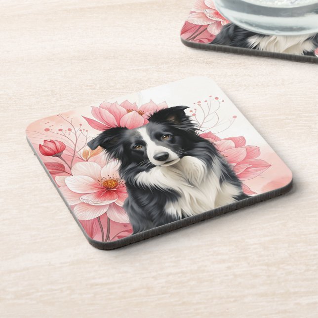 Porta-copo Border Collie Dog and Bold Pink Lilies (Left Side)