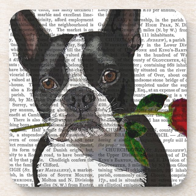 Porta-copo Boston Terrier com Rosa em Boca (Frente)