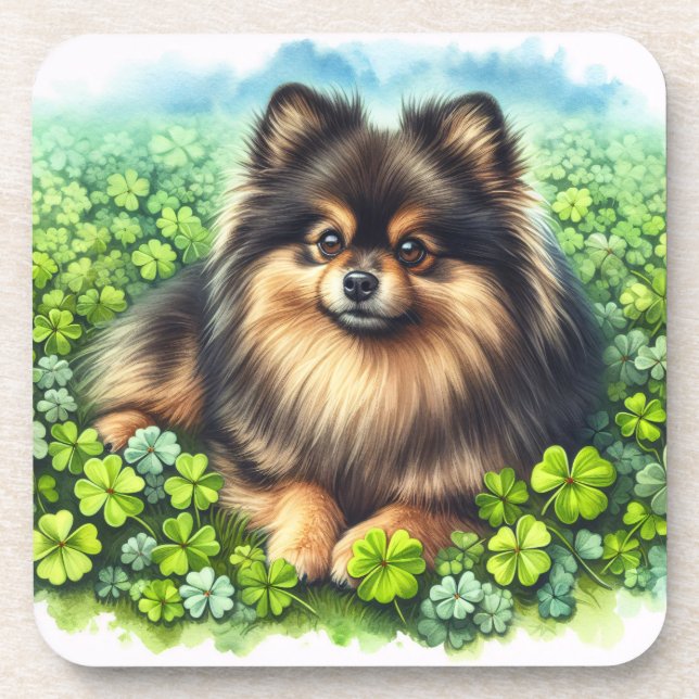 Porta-copo Brindle Pomeranian Watercolor Clover Shamrock (Frente)