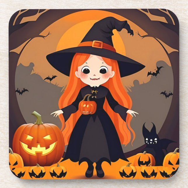 Porta-copo Bruxa Adorável em Cenário de Halloween com Abóbora (Frente)