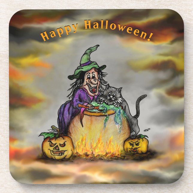 Porta-copo Bruxa e Gato Negro, Feliz Halloween! (Frente)