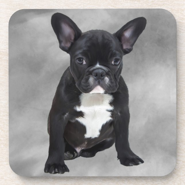 Porta-copo Buldogue Francês Sentado Aquarela Pintura Óleo (Frente)