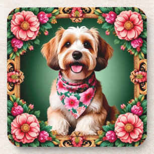 Porta-copo Cachorro Adorável Enquadrado por Flores Coloridas