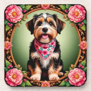 Porta-copo Cachorro Adorável Enquadrado por Flores Coloridas