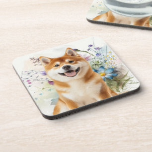 Porta-copo Cachorro Akita Shiba Inu com Flores de Aquarela Az