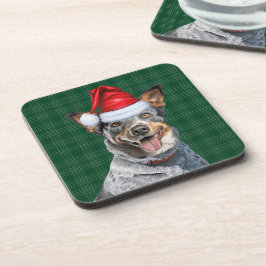 Porta-copo Cachorro Azul com Natal de Xadrez de Férias Verde