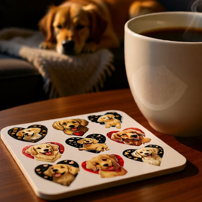 Porta-copo Cachorro do namorados Ouro (Golden Retriever Love Icons in Playful Heart Beverage Coaster)