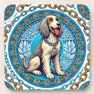 Porta-copo Cachorro Feliz Enquadrado por Padrões Decorativos