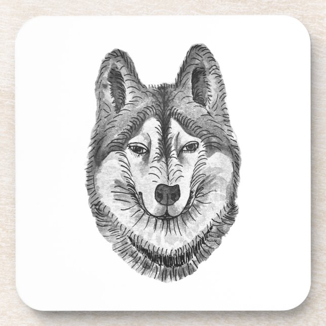 Porta-copo Cachorro Husky Siberiano Preto e Branco a Tinta e  (Frente)