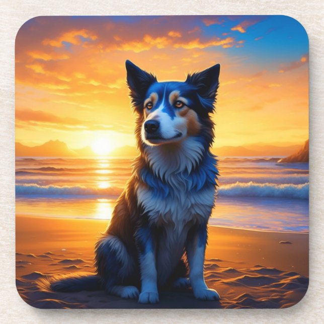 Porta-copo Cachorro sentado na Ocean Beach ao pôr do sol (Frente)